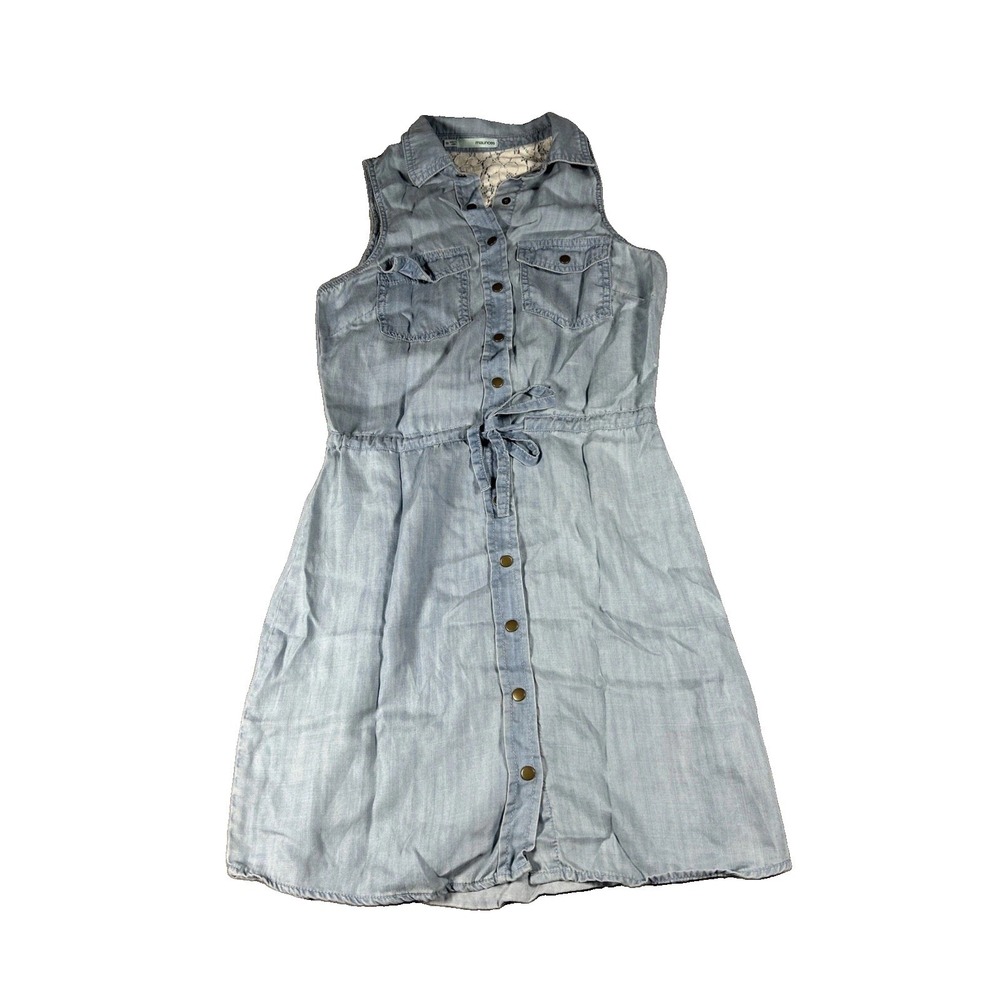 Maurices Womens XS Blue Denim Sleeveless Tie Waist Shirt Dress Lace Yoke 0292